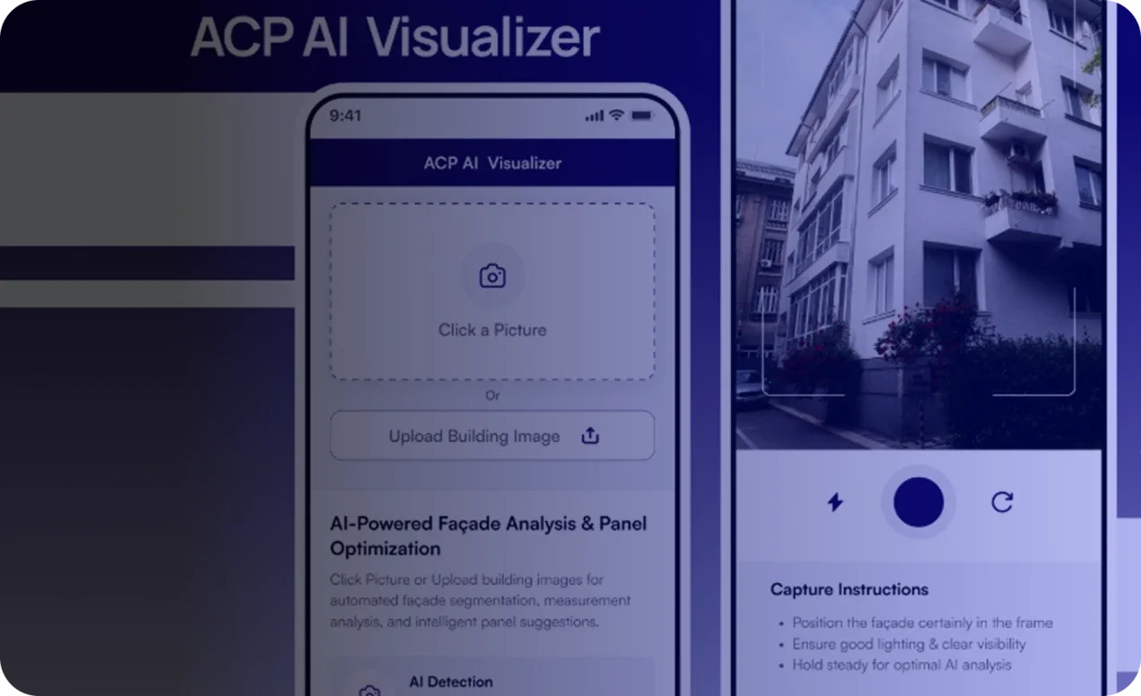 AI panel visualization app previewing ACP cladding on a facade