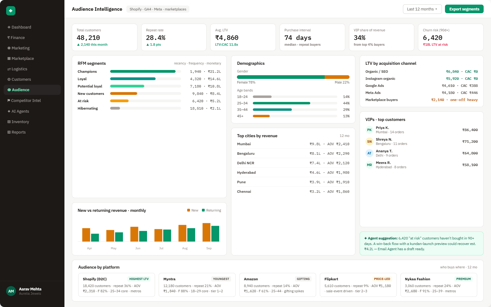 Brandnata Audience Intelligence dashboard showing customer segments, LTV and acquisition channel breakdown