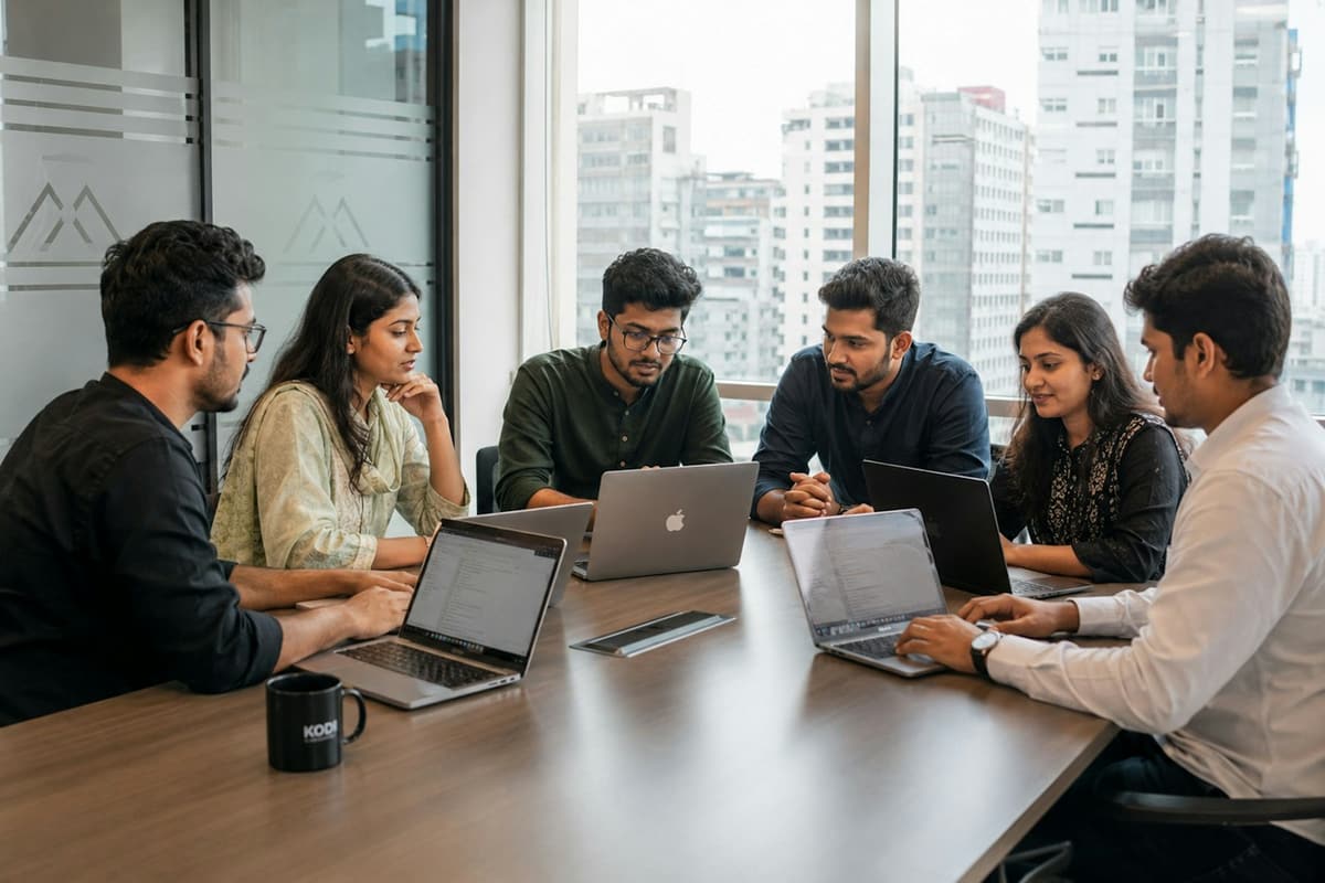 A product team meeting around a conference table with laptops