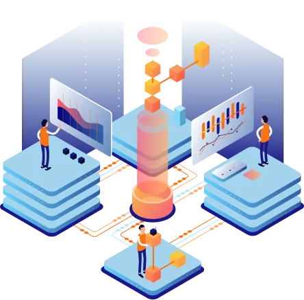ERP integration illustration showing data flowing between servers and business applications
