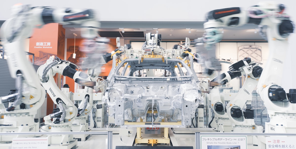 Industrial robotic arms on an automated production line