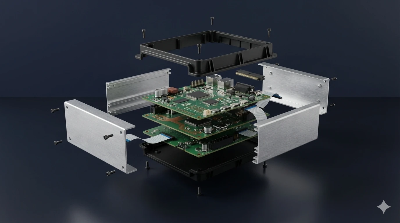 Exploded PCB hardware assembly