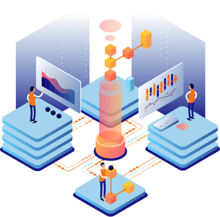 ERP integration illustration showing data flowing between servers and business applications